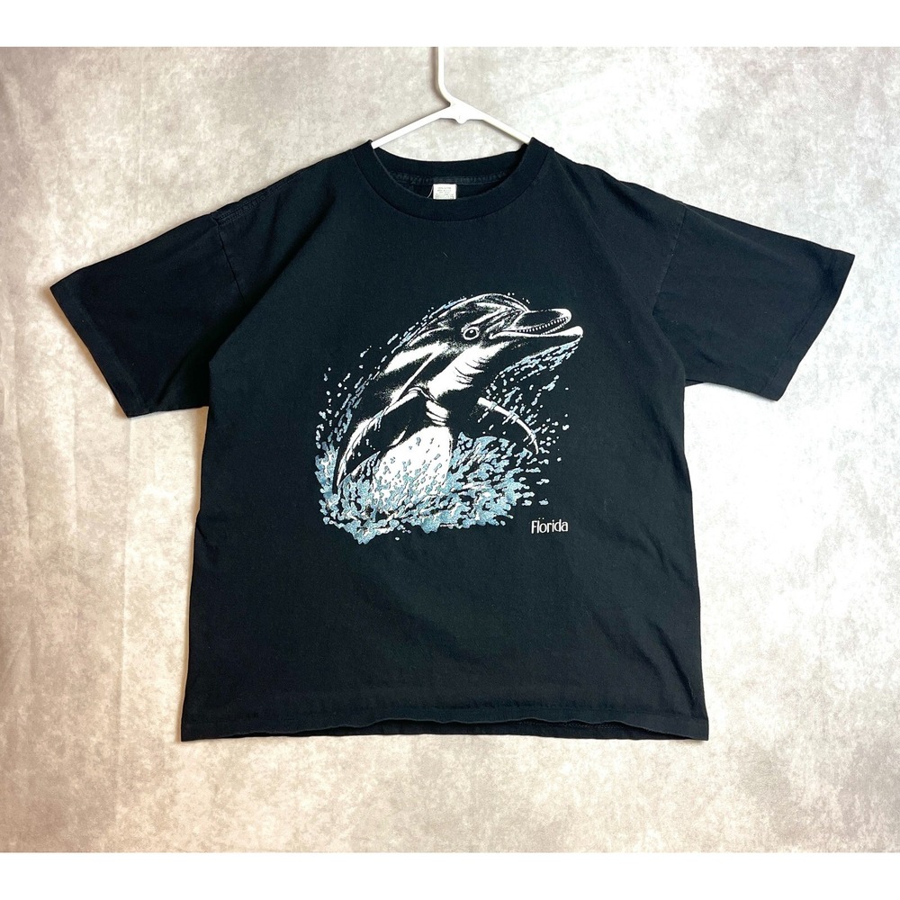 VINTAGE Dolphin Shirt Large Black Single Stitch Beach Ocean Florida Tee USA 90s